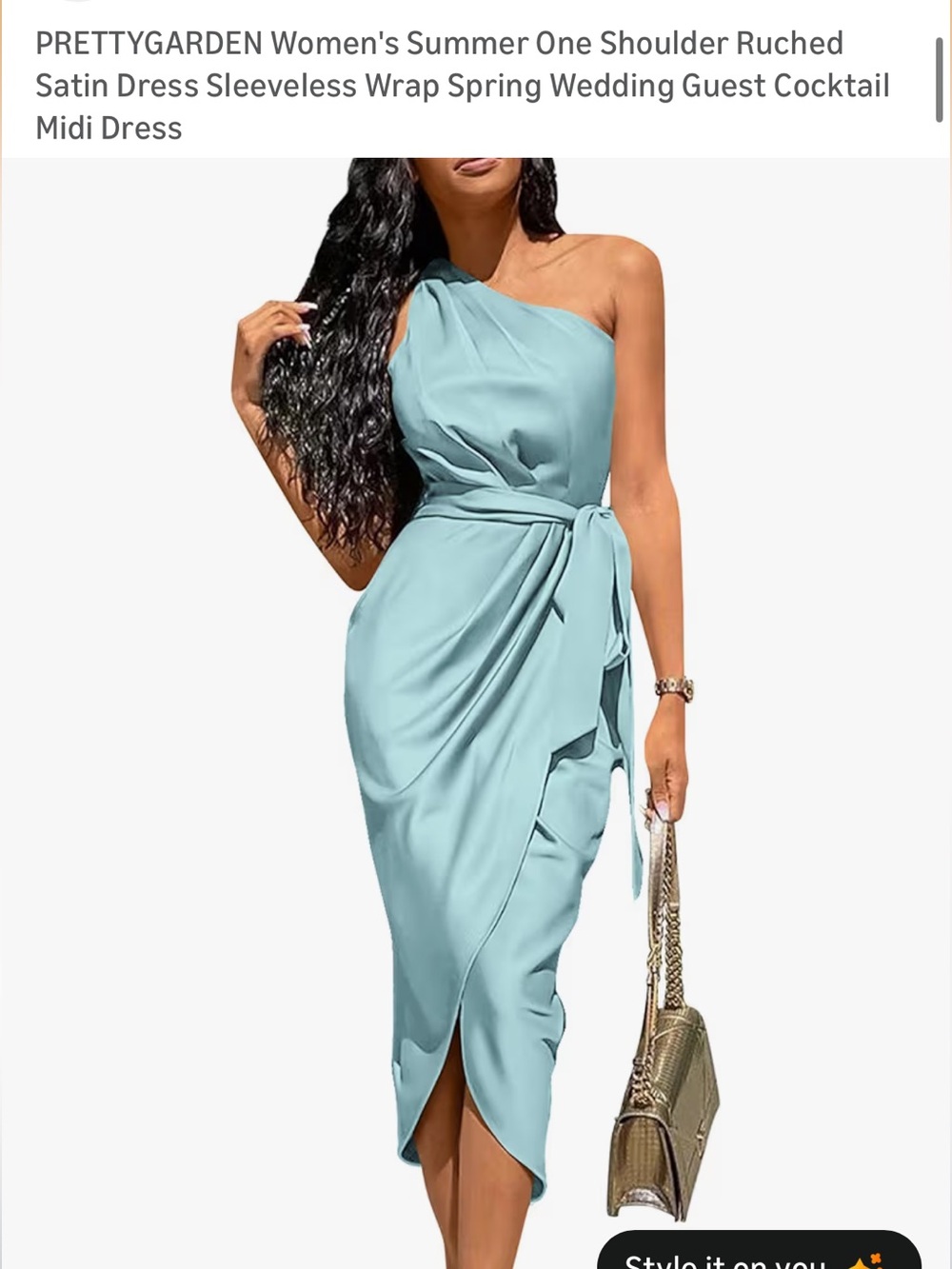PrettyGarden One-Shoulder Ruched Satin Midi Dress in Light Blue